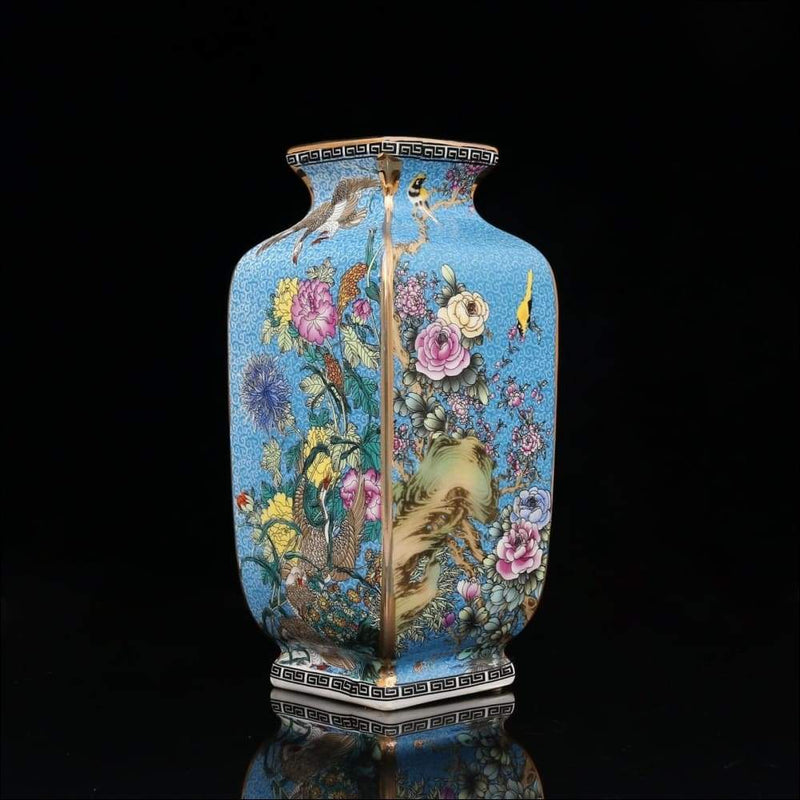 Golden Enamel Bird Blossom Tabletop Flower Vase