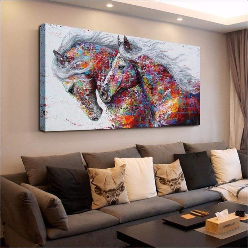 Rainbow Couple Horses Canvas Painting